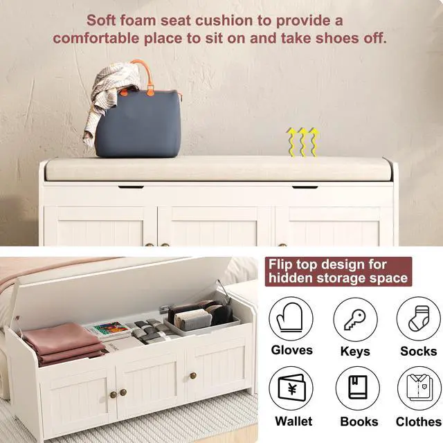 Alt view image 4 of 7 - HOMEFORT 41.3" Shoe Bench with Lift Top Storage, Entryway Bench with Cushioned Seat, Wooden End of Bed Bench, Shoe Cabinet Bench with Hidden Storage Space, for Bedroom, Hallway,White