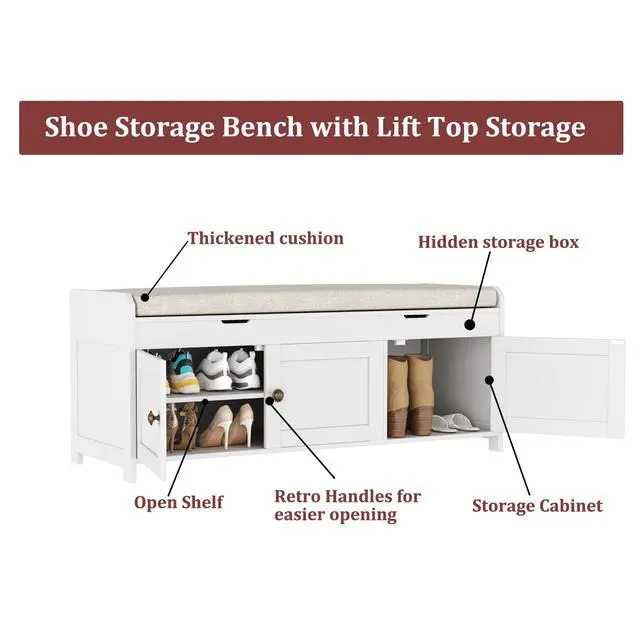 Alt view image 6 of 7 - HOMEFORT 41.3" Shoe Bench with Lift Top Storage, Entryway Bench with Cushioned Seat, Wooden End of Bed Bench, Shoe Cabinet Bench with Hidden Storage Space, for Bedroom, Hallway,White