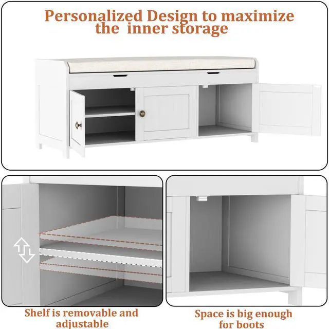 Alt view image 7 of 7 - HOMEFORT 41.3" Shoe Bench with Lift Top Storage, Entryway Bench with Cushioned Seat, Wooden End of Bed Bench, Shoe Cabinet Bench with Hidden Storage Space, for Bedroom, Hallway,White