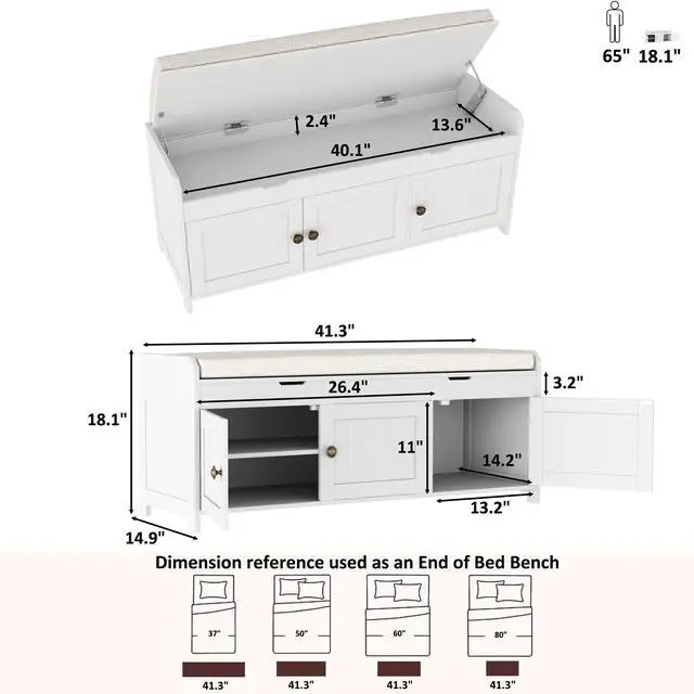 Alt view image 5 of 7 - HOMEFORT 41.3" Shoe Bench with Lift Top Storage, Entryway Bench with Cushioned Seat, Wooden End of Bed Bench, Shoe Cabinet Bench with Hidden Storage Space, for Bedroom, Hallway,White