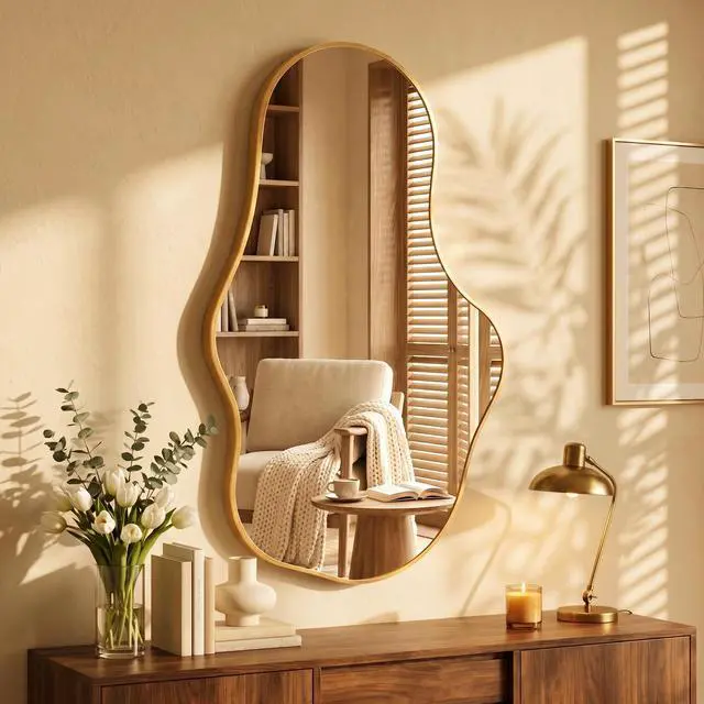 Alt view image 2 of 7 - Dorlicecass Irregular Wall Mirror - Wall Mirrors Decorative 22"x 36" Asymmetrical Abstract Mirror Aviation Aluminum Alloy Frame Unique for Bathroom, Bedroom, Living Room, Cloakroom, Entryway Gold