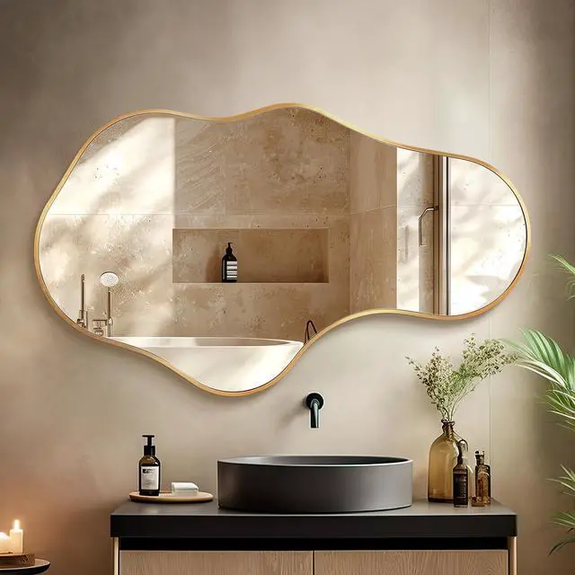 Alt view image 7 of 7 - Dorlicecass Irregular Wall Mirror - Wall Mirrors Decorative 22"x 36" Asymmetrical Abstract Mirror Aviation Aluminum Alloy Frame Unique for Bathroom, Bedroom, Living Room, Cloakroom, Entryway Gold