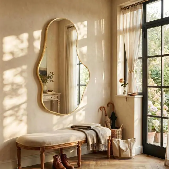 Alt view image 4 of 7 - Dorlicecass Irregular Wall Mirror - Wall Mirrors Decorative 22"x 36" Asymmetrical Abstract Mirror Aviation Aluminum Alloy Frame Unique for Bathroom, Bedroom, Living Room, Cloakroom, Entryway Gold