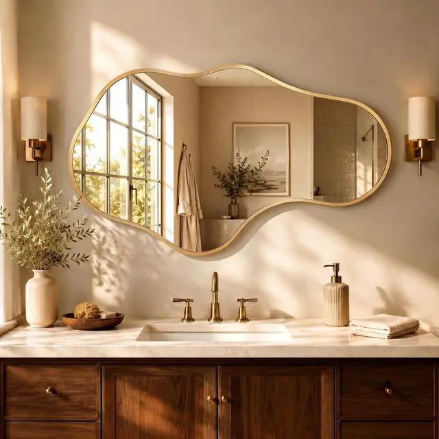 Main image of Dorlicecass Irregular Wall Mirror - Wall Mirrors Decorative 22"x 36" Asymmetrical Abstract Mirror Aviation Aluminum Alloy Frame Unique for Bathroom, Bedroom, Living Room, Cloakroom, Entryway Gold
