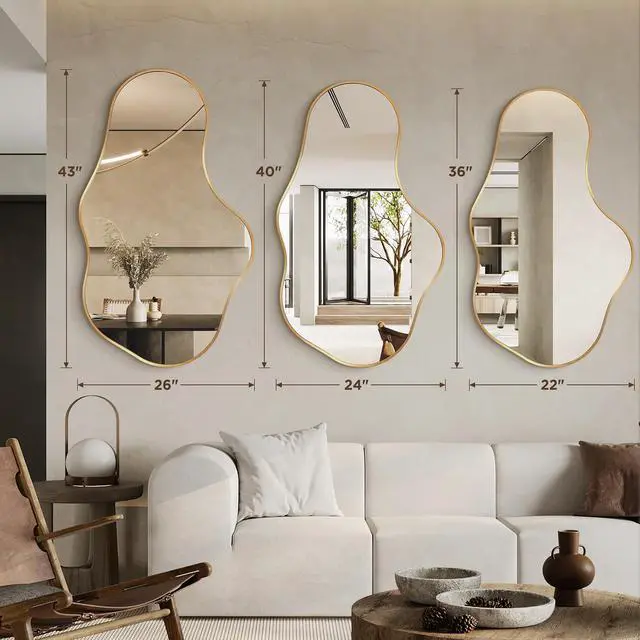 Alt view image 6 of 7 - Dorlicecass Irregular Wall Mirror - Wall Mirrors Decorative 22"x 36" Asymmetrical Abstract Mirror Aviation Aluminum Alloy Frame Unique for Bathroom, Bedroom, Living Room, Cloakroom, Entryway Gold