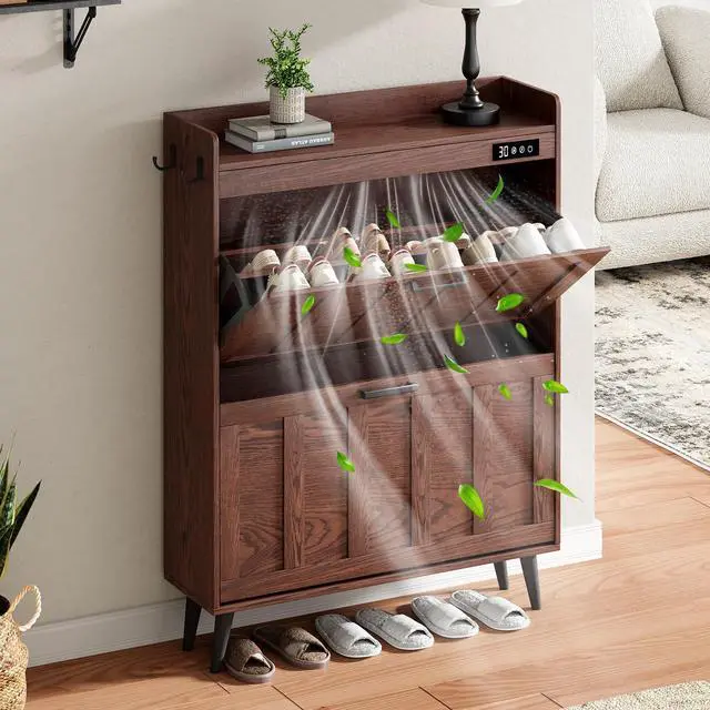 Main image of ChooChoo Shoe Storage Cabinet with 2 Flip Drawers, Deodorizing Shoe Organizer Storage for Entryway, Freestanding Hidden Slim Narrow Shoe Rack Cabinet, Walnut