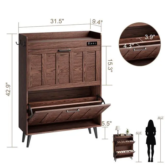 Alt view image 2 of 7 - ChooChoo Shoe Storage Cabinet with 2 Flip Drawers, Deodorizing Shoe Organizer Storage for Entryway, Freestanding Hidden Slim Narrow Shoe Rack Cabinet, Walnut
