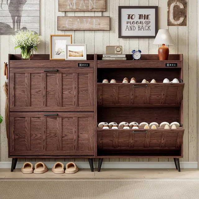Alt view image 5 of 7 - ChooChoo Shoe Storage Cabinet with 2 Flip Drawers, Deodorizing Shoe Organizer Storage for Entryway, Freestanding Hidden Slim Narrow Shoe Rack Cabinet, Walnut
