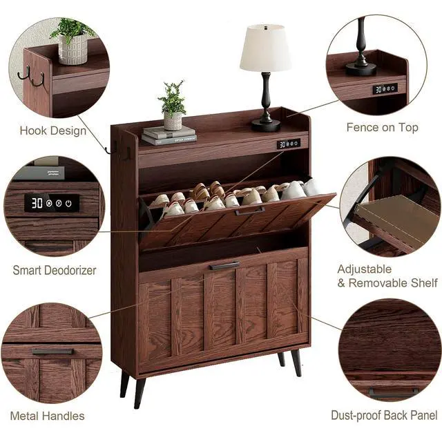 Alt view image 4 of 7 - ChooChoo Shoe Storage Cabinet with 2 Flip Drawers, Deodorizing Shoe Organizer Storage for Entryway, Freestanding Hidden Slim Narrow Shoe Rack Cabinet, Walnut