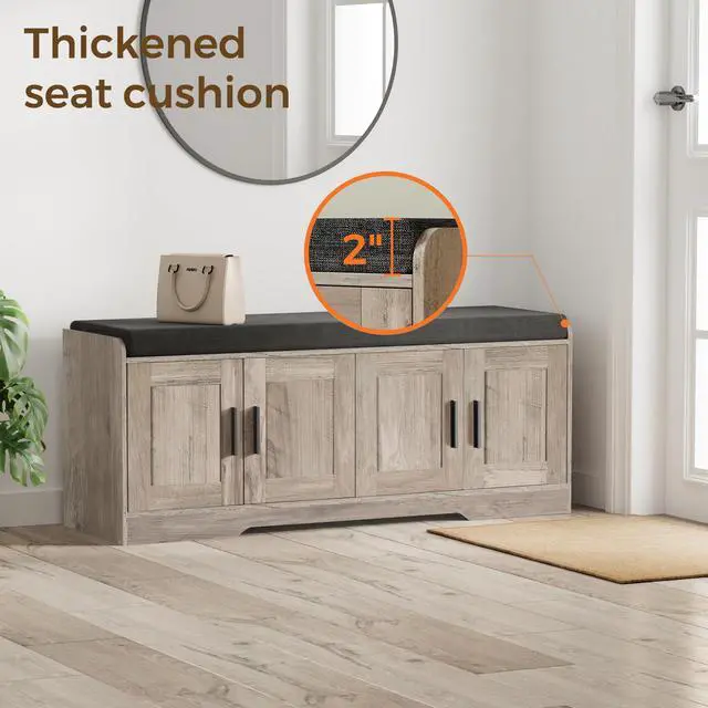 Alt view image 3 of 7 - Homleke 2-Tier Storage Bench, Shoe Bench with Thickened Padded Seat Cushion, Entryway Bench with 4 Doors, Adjustable Shelf, 13.8" D x 45.3" W x 18.5" H, for Entryway, Living Room, Bedroom, Greige
