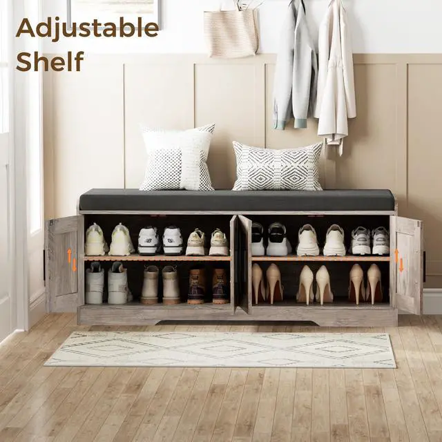 Alt view image 5 of 7 - Homleke 2-Tier Storage Bench, Shoe Bench with Thickened Padded Seat Cushion, Entryway Bench with 4 Doors, Adjustable Shelf, 13.8" D x 45.3" W x 18.5" H, for Entryway, Living Room, Bedroom, Greige