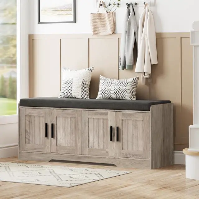 Main image of Homleke 2-Tier Storage Bench, Shoe Bench with Thickened Padded Seat Cushion, Entryway Bench with 4 Doors, Adjustable Shelf, 13.8" D x 45.3" W x 18.5" H, for Entryway, Living Room, Bedroom, Greige