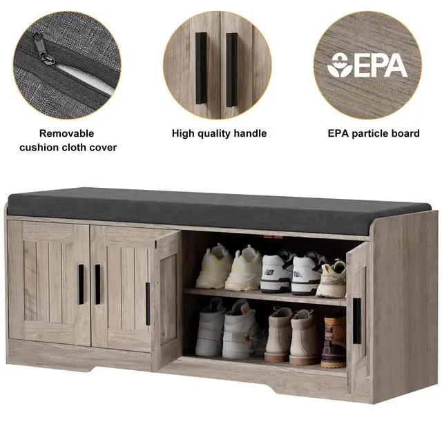 Alt view image 7 of 7 - Homleke 2-Tier Storage Bench, Shoe Bench with Thickened Padded Seat Cushion, Entryway Bench with 4 Doors, Adjustable Shelf, 13.8" D x 45.3" W x 18.5" H, for Entryway, Living Room, Bedroom, Greige