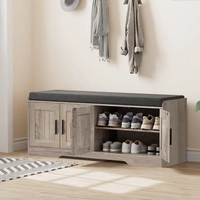 Alt view image 2 of 7 - Homleke 2-Tier Storage Bench, Shoe Bench with Thickened Padded Seat Cushion, Entryway Bench with 4 Doors, Adjustable Shelf, 13.8" D x 45.3" W x 18.5" H, for Entryway, Living Room, Bedroom, Greige