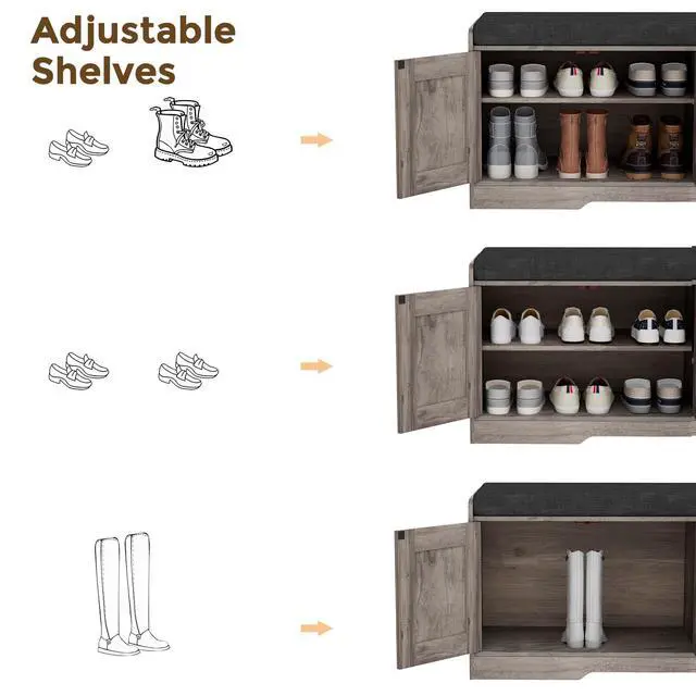 Alt view image 6 of 7 - Homleke 2-Tier Storage Bench, Shoe Bench with Thickened Padded Seat Cushion, Entryway Bench with 4 Doors, Adjustable Shelf, 13.8" D x 45.3" W x 18.5" H, for Entryway, Living Room, Bedroom, Greige