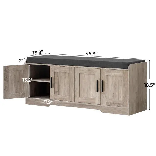 Alt view image 4 of 7 - Homleke 2-Tier Storage Bench, Shoe Bench with Thickened Padded Seat Cushion, Entryway Bench with 4 Doors, Adjustable Shelf, 13.8" D x 45.3" W x 18.5" H, for Entryway, Living Room, Bedroom, Greige