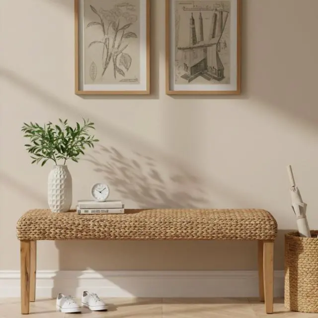 Main image of Solid Wood Acacia Indoor Bench with Natural Woven Seat, 47 Inch Wood Bench for Living Room or Entryway Bench, Bedroom End of Bed Bench or Dining Benches, Window Bench (Fishbone, Water Hyacinth)