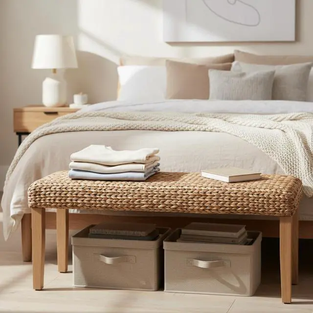 Alt view image 3 of 7 - Solid Wood Acacia Indoor Bench with Natural Woven Seat, 47 Inch Wood Bench for Living Room or Entryway Bench, Bedroom End of Bed Bench or Dining Benches, Window Bench (Fishbone, Water Hyacinth)