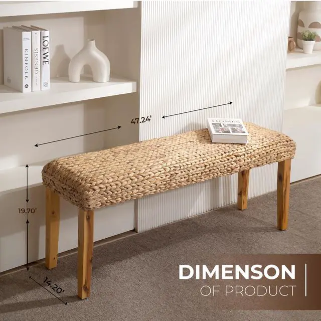 Alt view image 2 of 7 - Solid Wood Acacia Indoor Bench with Natural Woven Seat, 47 Inch Wood Bench for Living Room or Entryway Bench, Bedroom End of Bed Bench or Dining Benches, Window Bench (Fishbone, Water Hyacinth)