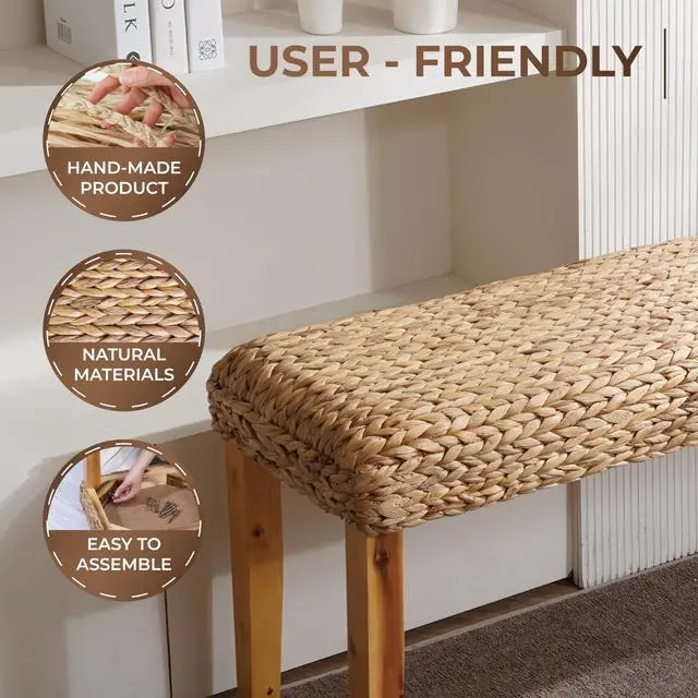 Alt view image 4 of 7 - Solid Wood Acacia Indoor Bench with Natural Woven Seat, 47 Inch Wood Bench for Living Room or Entryway Bench, Bedroom End of Bed Bench or Dining Benches, Window Bench (Fishbone, Water Hyacinth)