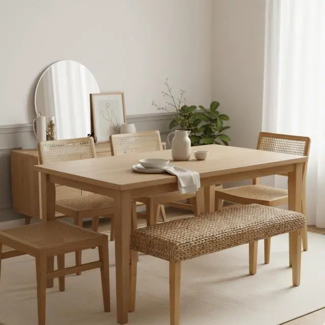 Alt view image 5 of 7 - Solid Wood Acacia Indoor Bench with Natural Woven Seat, 47 Inch Wood Bench for Living Room or Entryway Bench, Bedroom End of Bed Bench or Dining Benches, Window Bench (Fishbone, Water Hyacinth)