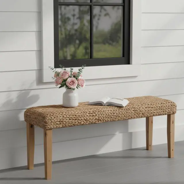 Alt view image 6 of 7 - Solid Wood Acacia Indoor Bench with Natural Woven Seat, 47 Inch Wood Bench for Living Room or Entryway Bench, Bedroom End of Bed Bench or Dining Benches, Window Bench (Fishbone, Water Hyacinth)