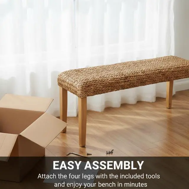 Alt view image 7 of 7 - Solid Wood Acacia Indoor Bench with Natural Woven Seat, 47 Inch Wood Bench for Living Room or Entryway Bench, Bedroom End of Bed Bench or Dining Benches, Window Bench (Fishbone, Water Hyacinth)