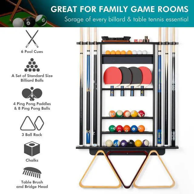 Alt view image 2 of 7 - XCSOURCE Pool Stick Holder - 2-IN-1 Pool Cue & Ping Pong Paddle Rack, Solid Pine Wood Wall Mount for Billiards and Table Tennis Accessories, Man Cave, Game Room