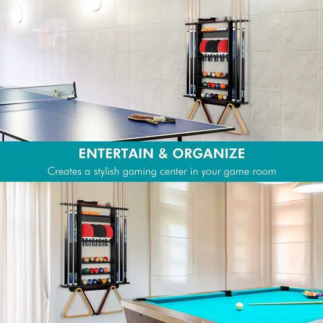 Alt view image 5 of 7 - XCSOURCE Pool Stick Holder - 2-IN-1 Pool Cue & Ping Pong Paddle Rack, Solid Pine Wood Wall Mount for Billiards and Table Tennis Accessories, Man Cave, Game Room