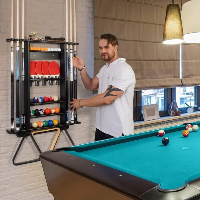 Alt view image 7 of 7 - XCSOURCE Pool Stick Holder - 2-IN-1 Pool Cue & Ping Pong Paddle Rack, Solid Pine Wood Wall Mount for Billiards and Table Tennis Accessories, Man Cave, Game Room
