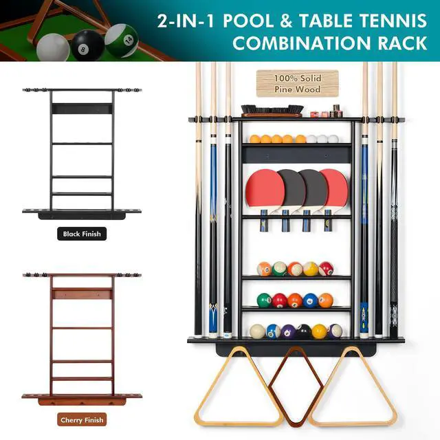 Alt view image 3 of 7 - XCSOURCE Pool Stick Holder - 2-IN-1 Pool Cue & Ping Pong Paddle Rack, Solid Pine Wood Wall Mount for Billiards and Table Tennis Accessories, Man Cave, Game Room