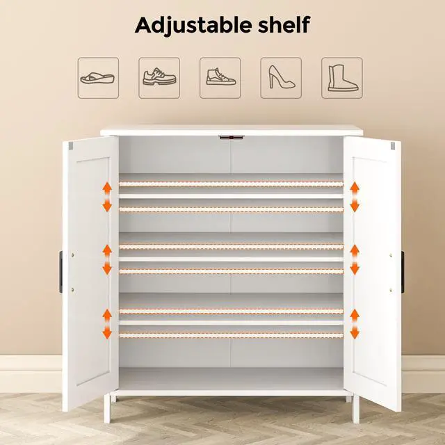 Alt view image 3 of 7 - Homleke Farmhouse Shoe Cabinet with 2 Barn Doors & Wood Legs, 5-Tier Shoe Storage Cabinet with 3 Adjustable Shelves, Tall Shoe Rack Organizer for Closet, Shoe Organizer for Entryway, Hallway, White