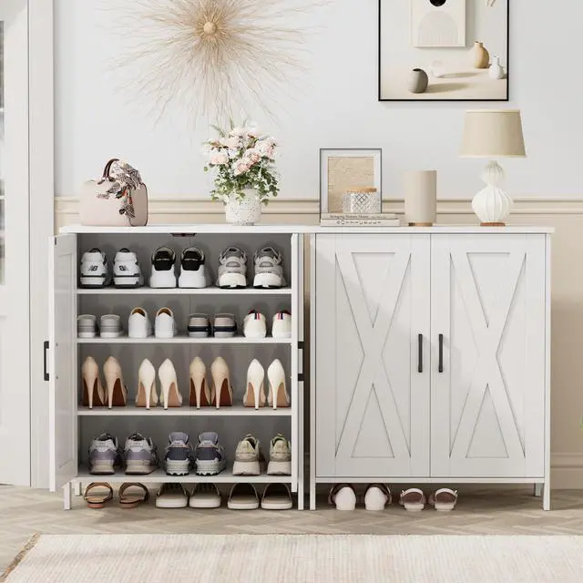 Alt view image 2 of 7 - Homleke Farmhouse Shoe Cabinet with 2 Barn Doors & Wood Legs, 5-Tier Shoe Storage Cabinet with 3 Adjustable Shelves, Tall Shoe Rack Organizer for Closet, Shoe Organizer for Entryway, Hallway, White