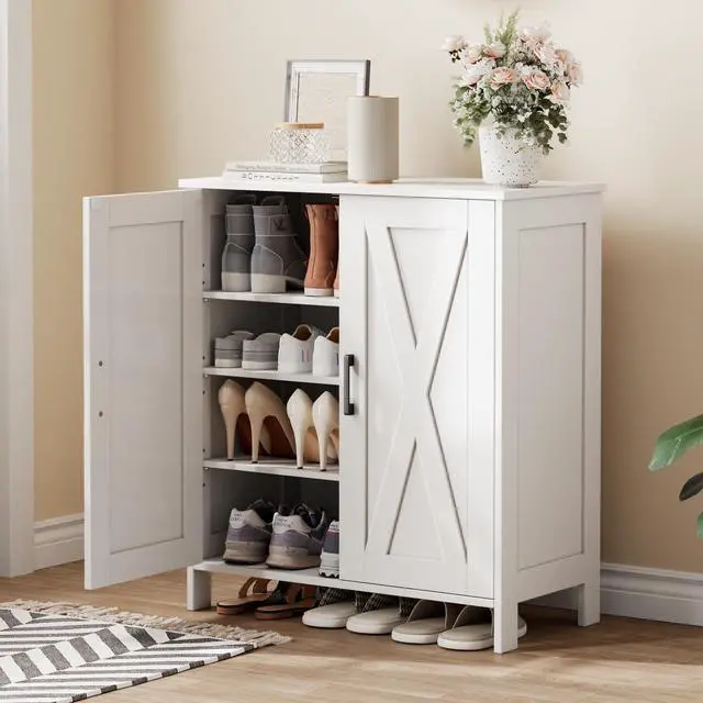 Main image of Homleke Farmhouse Shoe Cabinet with 2 Barn Doors & Wood Legs, 5-Tier Shoe Storage Cabinet with 3 Adjustable Shelves, Tall Shoe Rack Organizer for Closet, Shoe Organizer for Entryway, Hallway, White