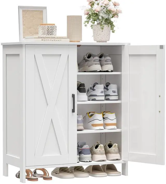 Alt view image 7 of 7 - Homleke Farmhouse Shoe Cabinet with 2 Barn Doors & Wood Legs, 5-Tier Shoe Storage Cabinet with 3 Adjustable Shelves, Tall Shoe Rack Organizer for Closet, Shoe Organizer for Entryway, Hallway, White