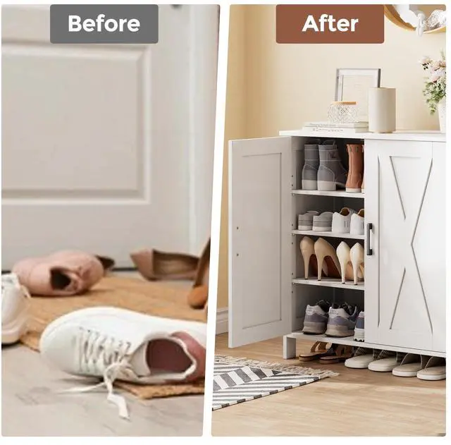 Alt view image 5 of 7 - Homleke Farmhouse Shoe Cabinet with 2 Barn Doors & Wood Legs, 5-Tier Shoe Storage Cabinet with 3 Adjustable Shelves, Tall Shoe Rack Organizer for Closet, Shoe Organizer for Entryway, Hallway, White