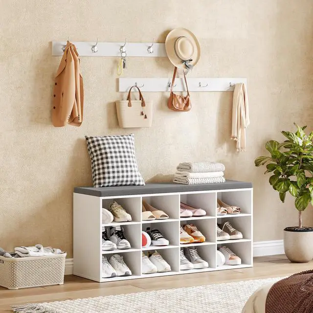 Alt view image 4 of 6 - HOOBRO Shoe Storage Bench with Cushion, 39.4" L Entryway Bench with 12 Cubbies, Entryway Hall Tree with Storage, Cubby Shoe Rack Bench with Coat Rack for Hallway, Holds up to 330 lb, White WT112HX01