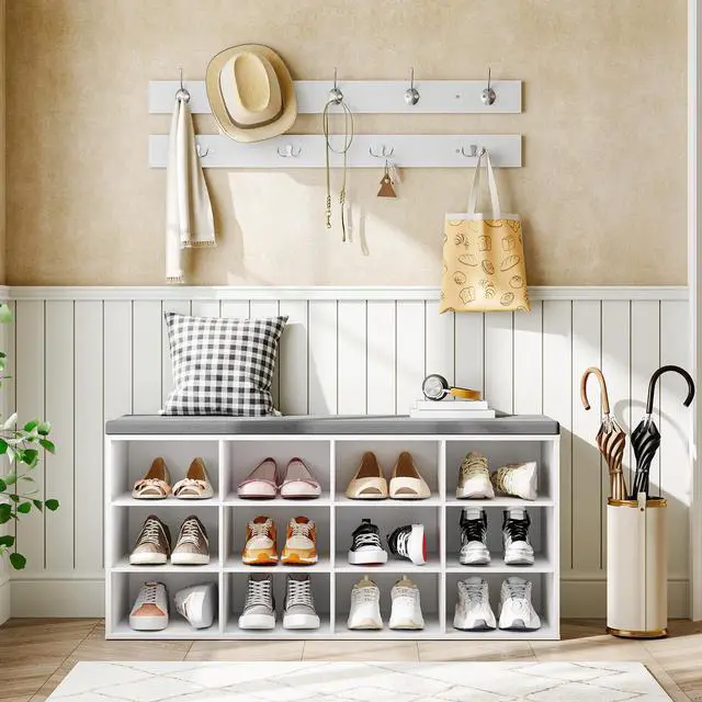 Alt view image 2 of 6 - HOOBRO Shoe Storage Bench with Cushion, 39.4" L Entryway Bench with 12 Cubbies, Entryway Hall Tree with Storage, Cubby Shoe Rack Bench with Coat Rack for Hallway, Holds up to 330 lb, White WT112HX01