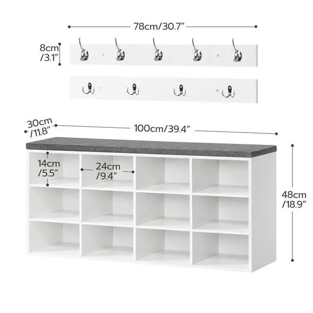Alt view image 3 of 6 - HOOBRO Shoe Storage Bench with Cushion, 39.4" L Entryway Bench with 12 Cubbies, Entryway Hall Tree with Storage, Cubby Shoe Rack Bench with Coat Rack for Hallway, Holds up to 330 lb, White WT112HX01