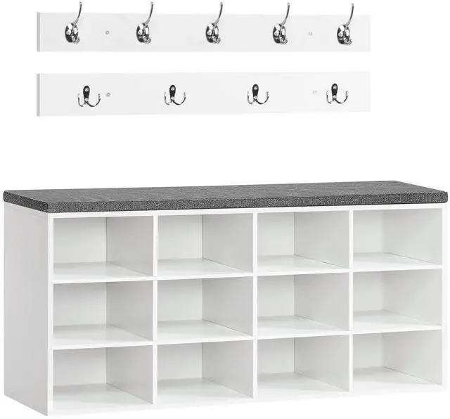 Main image of HOOBRO Shoe Storage Bench with Cushion, 39.4" L Entryway Bench with 12 Cubbies, Entryway Hall Tree with Storage, Cubby Shoe Rack Bench with Coat Rack for Hallway, Holds up to 330 lb, White WT112HX01