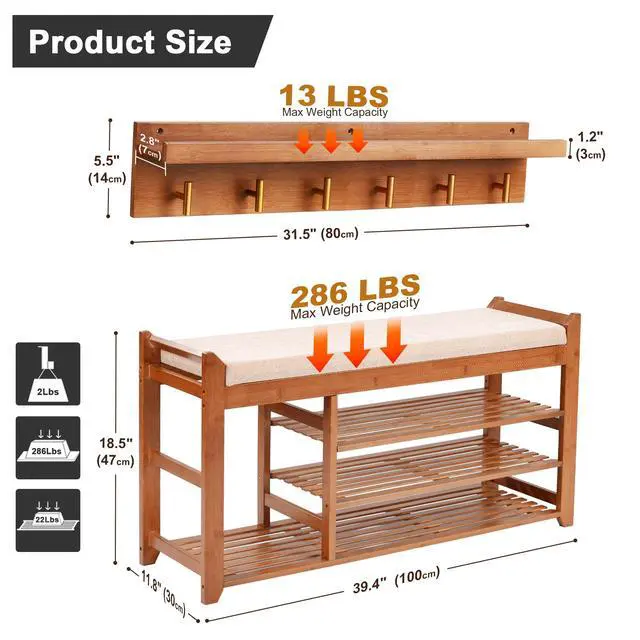 Alt view image 5 of 6 - PETKABOO Hall Tree with Bench and Shoe Storage, Coat Rack Shoe Bench Set with Seat Cushion and 6 Hooks for Entryway, Hallway, Living Room and Bedroom