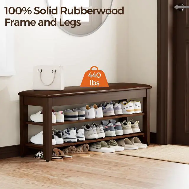 Alt view image 2 of 6 - Homleke 2-Tier Solid Wood Shoe Rack Bench with Flip-Top Storage