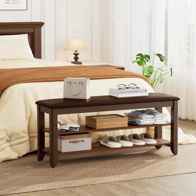 Alt view image 3 of 6 - Homleke 2-Tier Solid Wood Shoe Rack Bench with Flip-Top Storage