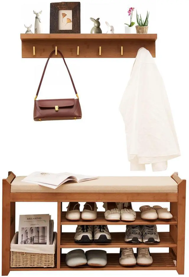 Main image of PETKABOO Hall Tree with Bench and Shoe Storage, Coat Rack Shoe Bench Set with Seat Cushion and 6 Hooks for Entryway, Hallway, Living Room and Bedroom