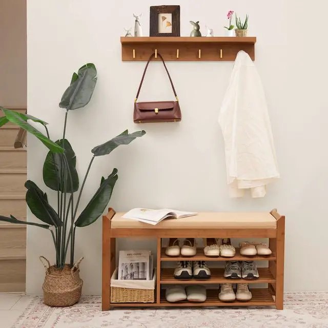 Alt view image 2 of 6 - PETKABOO Hall Tree with Bench and Shoe Storage, Coat Rack Shoe Bench Set with Seat Cushion and 6 Hooks for Entryway, Hallway, Living Room and Bedroom