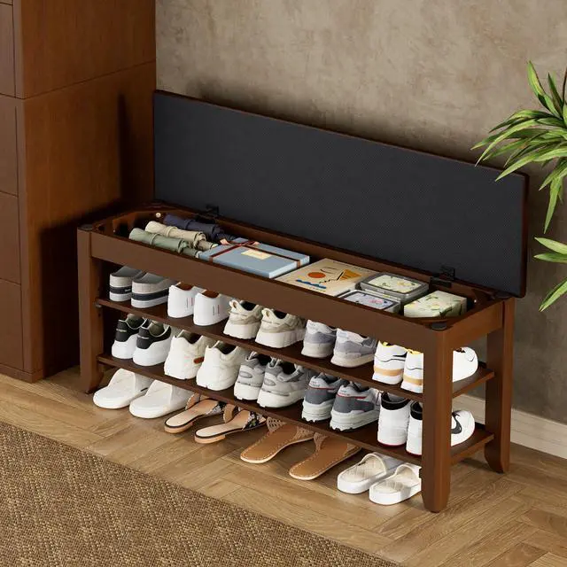 Main image of Homleke 2-Tier Solid Wood Shoe Rack Bench with Flip-Top Storage