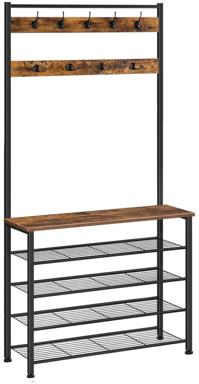 Main image of HOOBRO Hall Tree, Coat Rack with Shoe Rack, Hall Tree with Bench, 5 Tier Shoe Storage Organizer with 9 Hooks for Entryway, Closet, Sturdy, Industrial, Rustic Brown and Black BF80MT01G2