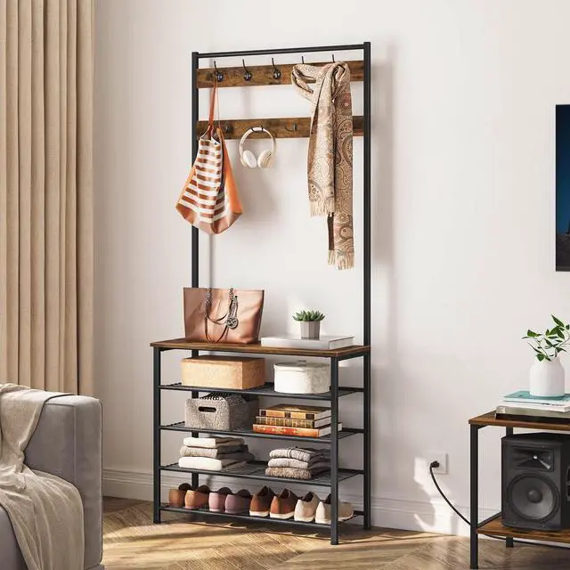 Alt view image 5 of 7 - HOOBRO Hall Tree, Coat Rack with Shoe Rack, Hall Tree with Bench, 5 Tier Shoe Storage Organizer with 9 Hooks for Entryway, Closet, Sturdy, Industrial, Rustic Brown and Black BF80MT01G2