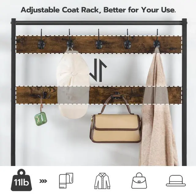 Alt view image 6 of 7 - HOOBRO Hall Tree, Coat Rack with Shoe Rack, Hall Tree with Bench, 5 Tier Shoe Storage Organizer with 9 Hooks for Entryway, Closet, Sturdy, Industrial, Rustic Brown and Black BF80MT01G2