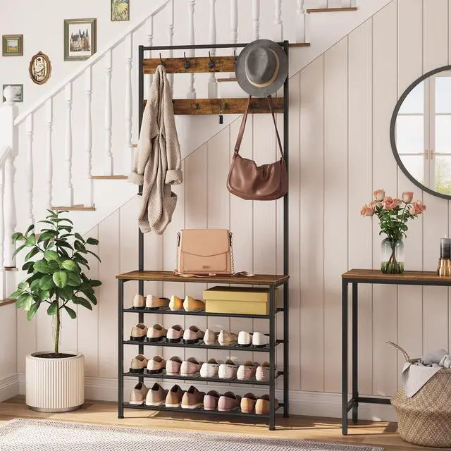 Alt view image 2 of 7 - HOOBRO Hall Tree, Coat Rack with Shoe Rack, Hall Tree with Bench, 5 Tier Shoe Storage Organizer with 9 Hooks for Entryway, Closet, Sturdy, Industrial, Rustic Brown and Black BF80MT01G2